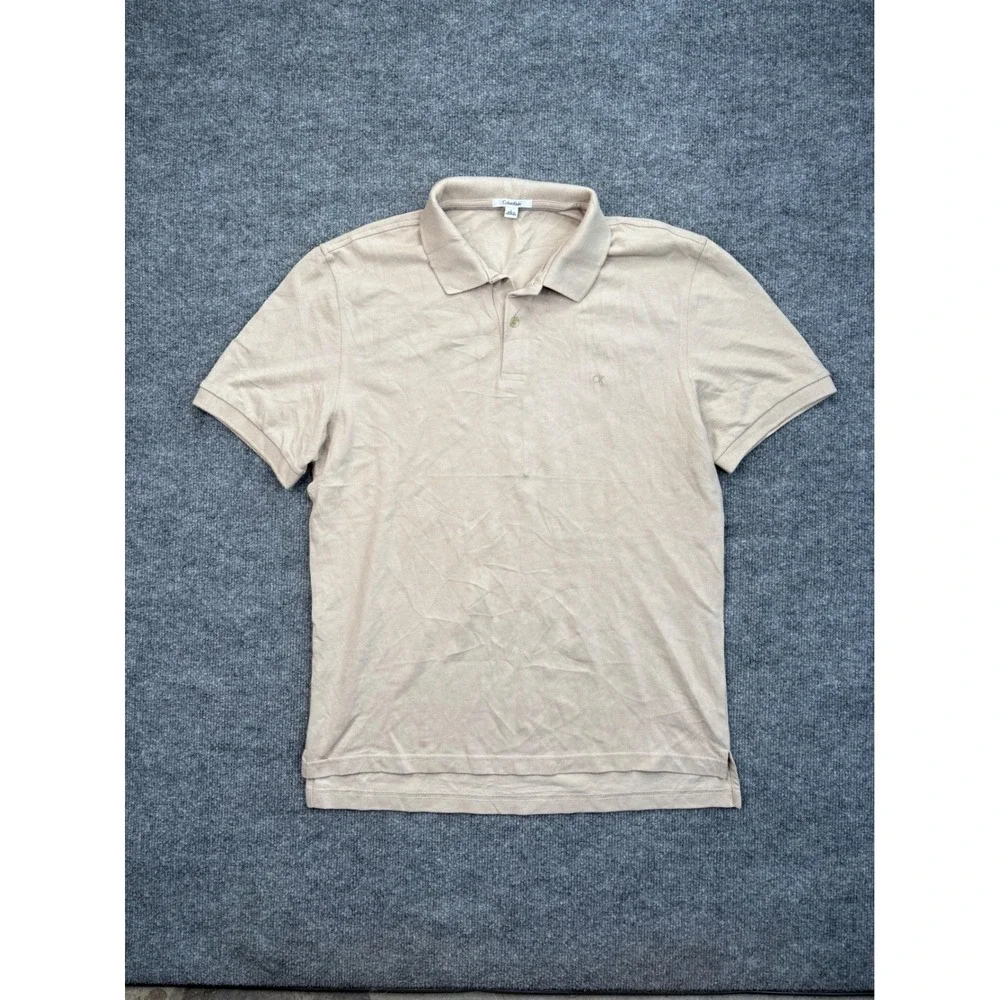 Calvin Klein Mens Large Tan‎ Beige Short Sleeve Pique Polo Shirt CK Logo Classic